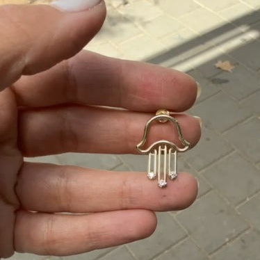 עגיל חמסה סילביה משובץ יהלומים, זהב 14 קראט